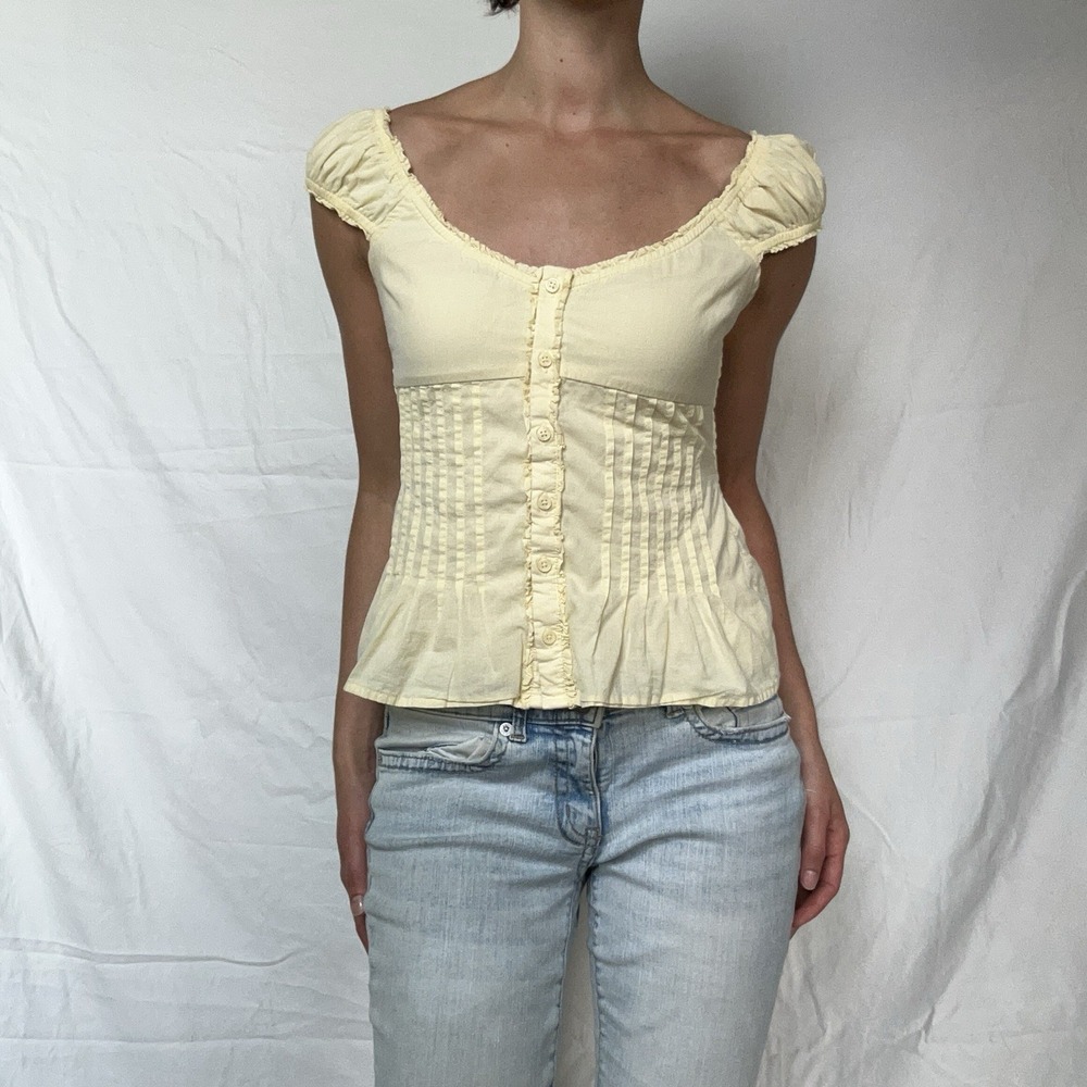 Hollister Pastel Yellow Babydoll Top Pintuck Button Front Coquette Soft Girl